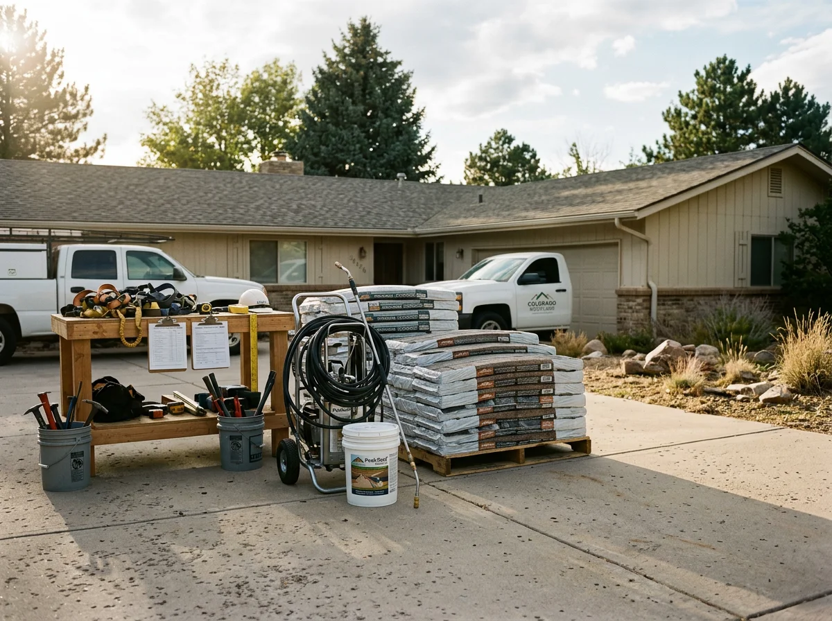 Roofing crew with professional tools and equipment on a residential roof, demonstrating hands-on restoration work.