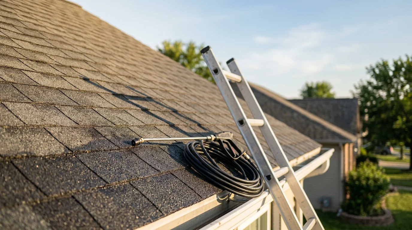 Asphalt shingle roof restoration service on residential home