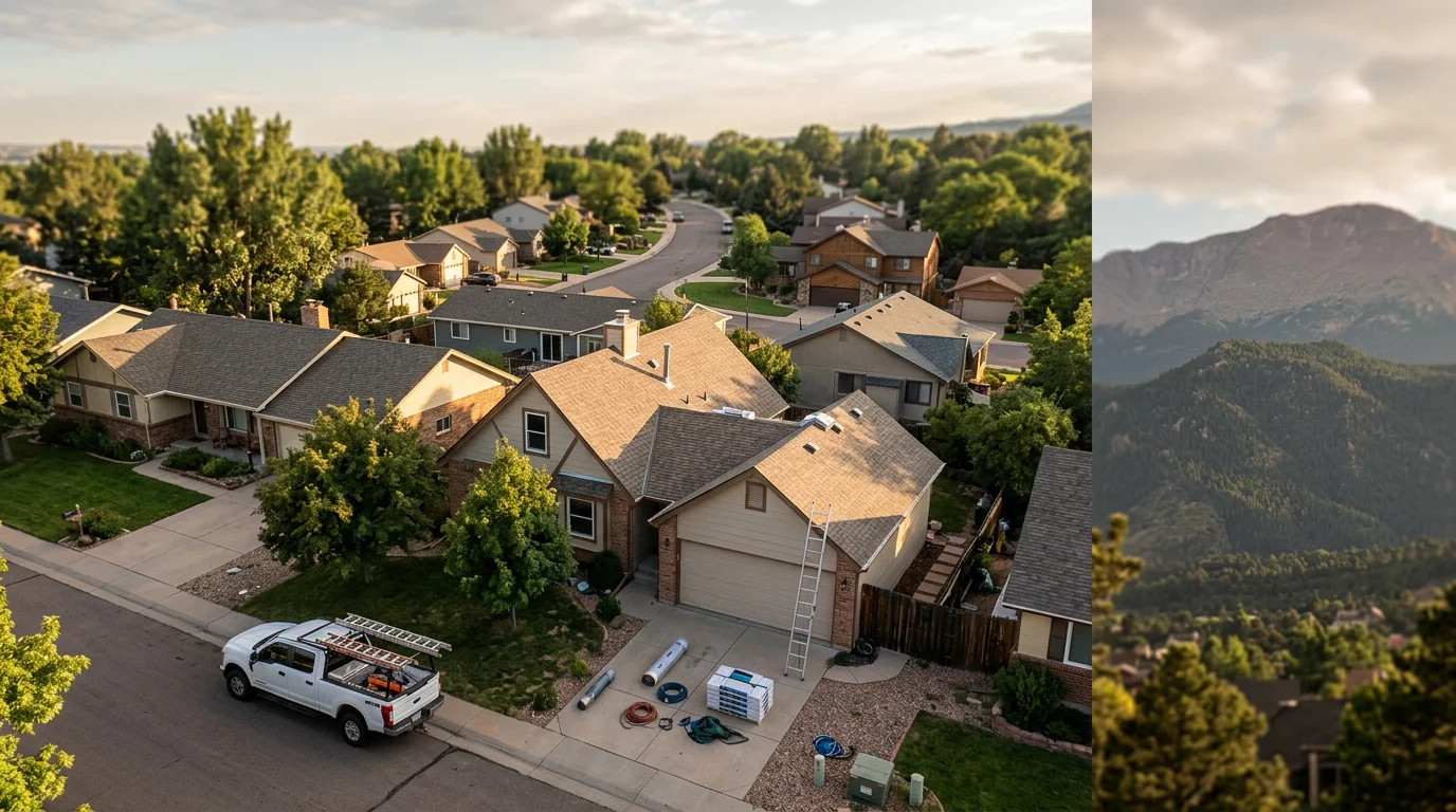 Wide view of Colorado Springs residential neighborhood with mountain backdrop and varied home styles.
