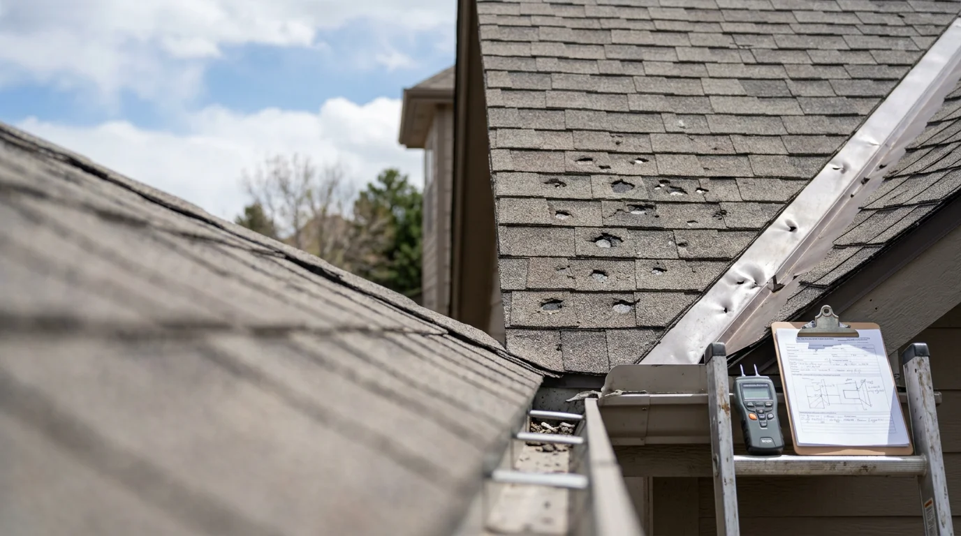 A roofing contractor inspecting hail impact marks and granule loss on a residential roof in Colorado Springs, CO. Close-up view shows darkened shingle spots and dented gutter sections after a Front Range hailstorm.