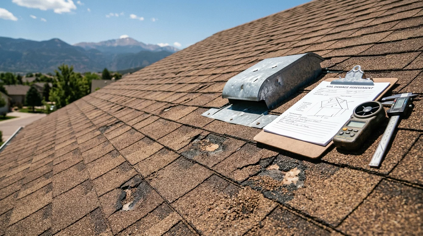 A RoofRenu LLC inspector examining hail impact marks and granule loss on a residential roof in Colorado Springs, CO. Close-up view shows bruised asphalt shingles and dented gutter sections consistent with Front Range hailstorm damage.