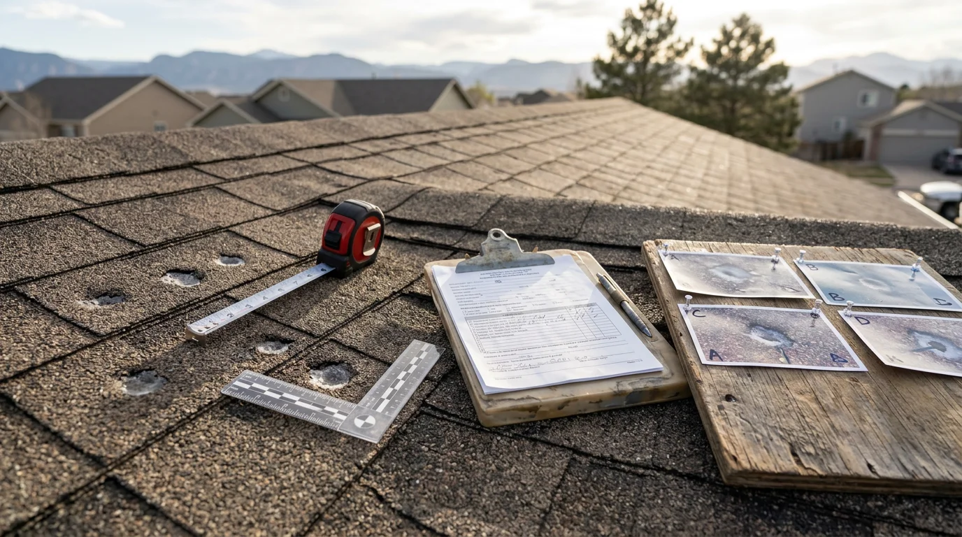 A RoofRenu LLC inspector photographing hail impact points on a residential roof in Colorado Springs, CO. Close-up documentation of shingle damage and granule loss visible across multiple roof sections after a Front Range storm.