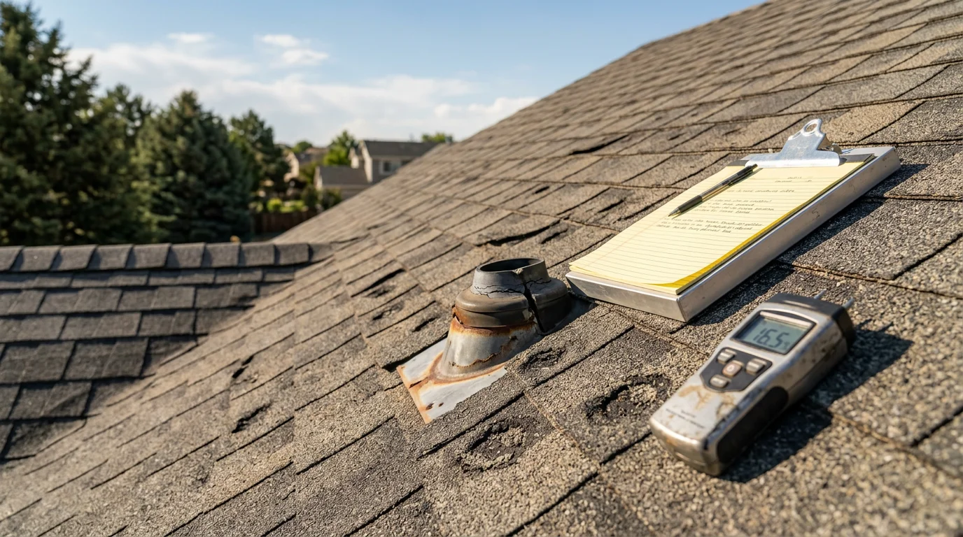 A roofing contractor from RoofRenu LLC inspecting shingles and flashing on a residential roof in Colorado Springs, CO, with the Front Range visible in the background. Close-up view shows granule wear and flashing condition being assessed after a hail event.