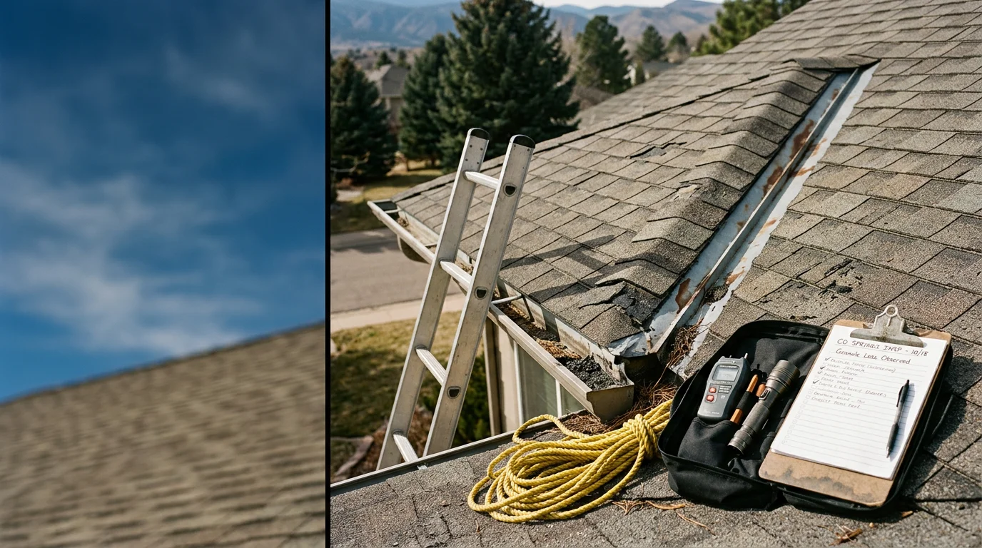 A RoofRenu LLC technician inspecting shingle condition and flashing seals on a residential roof in Colorado Springs, CO. Snow-capped Pikes Peak is visible in the background, showing the high-altitude environment these roofs must withstand.