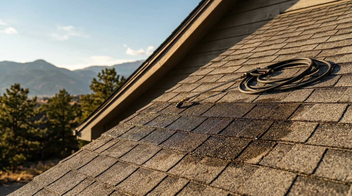 A Colorado Springs home with asphalt shingles showing restored color and surface texture after a professional roof rejuvenation treatment. A RoofRenu LLC technician applies bio-based oil spray evenly across the roof surface using low-pressure equipment.