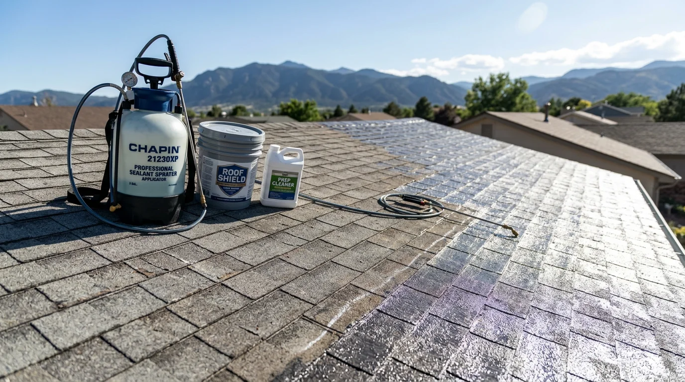 A Colorado Springs residential roof after treatment reapplication, showing a clean, uniform surface with restored color and no visible surface cracking. Pikes Peak is visible in the background under a clear blue sky.