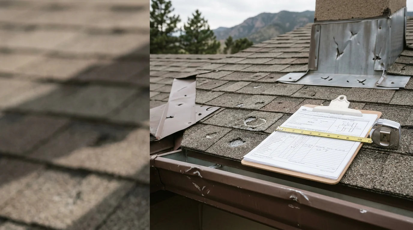 A RoofRenu LLC inspector examining hail impact marks and lifted shingles on a residential roof in Colorado Springs, CO. Close-up view shows granule loss and flashing damage following a severe storm.