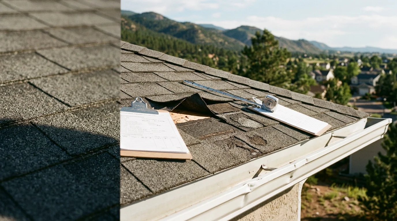A roofing inspector examining hail-bruised shingles and dented gutters on a residential roof in Colorado Springs, CO. Close-up view shows granule loss and lifted shingle edges consistent with storm damage.